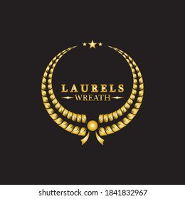 Gold laurel wreath. Symbol of victory and achievement. Design element for decoration of medal, award, coat of arms or anniversary logo. Golden leaf silhouette on black background. Vector illustration