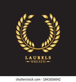 Gold laurel wreath. Symbol of victory and achievement. Design element for decoration of medal, award, coat of arms or anniversary logo. Golden leaf silhouette on black background. Vector illustration