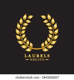 Gold laurel wreath. Symbol of victory and achievement. Design element for decoration of medal, award, coat of arms or anniversary logo. Golden leaf silhouette on black background. Vector illustration