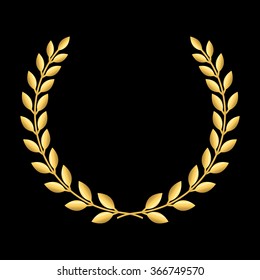 Gold laurel wreath. Symbol of victory and achievement. Design element for decoration of medal, award, coat of arms or anniversary logo. Golden leaf silhouette on black background. Vector illustration