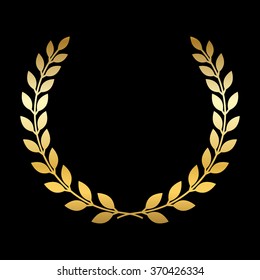 Gold laurel wreath. Symbol of victory and achievement. Design element for decoration of medal, award, coat of arms or anniversary logo. Golden leaf silhouette on black background. Vector illustration.