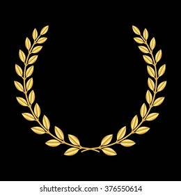 Gold laurel wreath. Symbol of victory and achievement. Design element for decoration of medal, award, coat of arms or anniversary logo. Golden leaf silhouette on black background. Vector illustration.