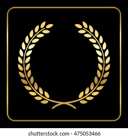 Gold laurel wreath. Symbol of victory, achievement. Design element for decoration medal, award, coat of arms or anniversary logo. Golden leaf silhouette on black background. Vector illustration.
