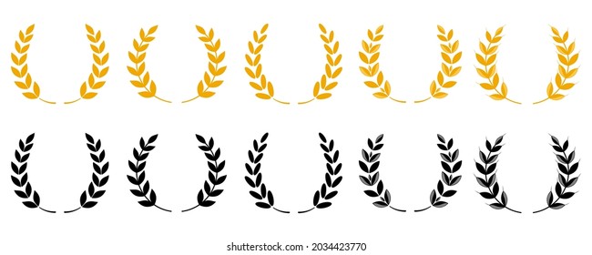 Gold laurel wreath - a symbol of the winner. Wheat ears or rice icons set. Agricultural symbols isolated on white background. Design elements for bread packaging or beer label. Vector icon set.