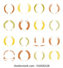 Gold laurel wreath - a symbol of the winner. Wheat ears or rice icons set. Agricultural symbols isolated on white background. Design elements for bread packaging or beer label. Vector illustration.