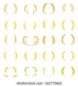 Gold laurel wreath - a symbol of the winner. Wheat ears or rice icons set. Agricultural symbols isolated on white background. Design elements for bread packaging or beer label. Vector illustration.