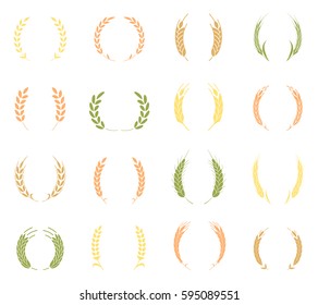 Gold laurel wreath - a symbol of the winner. Wheat ears or rice icons set. Agricultural symbols isolated on white background. Wheat ear symbols for logo design.