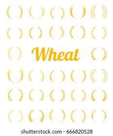 Gold laurel wreath - a symbol of the winner. Concept for organic products label, harvest and farming, grain, bakery, healthy food. Set of silhouette circular laurel foliate and wheat wreaths.