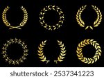 Gold laurel wreath, winner award set vector illustration. Golden branch of olive leaves or stars of victory symbol, insignia emblem decoration design, triumph honour champion prize isolated on Black