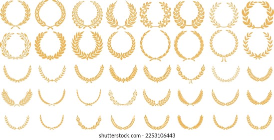 Gold laurel wreath, winner award set, branch of olive leaves or stars of victory symbol	