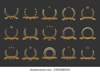 Gold laurel wreath winner award set vector illustration. Silvery branch of olive leaves or stars of victory symbol, triumph emblem decoration design, champion prize isolated on black background.