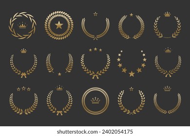 Gold laurel wreath winner award set vector illustration. Silvery branch of olive leaves or stars of victory symbol, triumph emblem decoration design, champion prize isolated on black background.