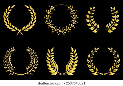 Gold laurel wreath winner award set vector illustration. Golden branch of olive leaves or stars of victory symbol, emblem decoration design, triumph honour champion prize isolated on black background.