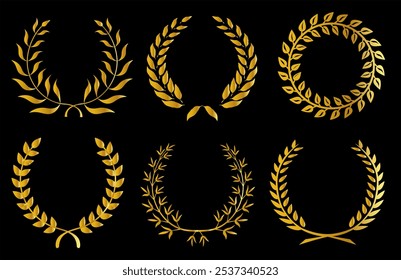 Gold laurel wreath winner award set vector illustration. Golden branch of olive leaves or stars of victory symbol, emblem decoration design, triumph honour champion prize isolated on black background.