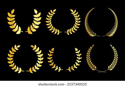 Gold laurel wreath winner award set vector illustration. Golden branch of olive leaves or stars of victory symbol, emblem decoration design, triumph honour champion prize isolated on black background.