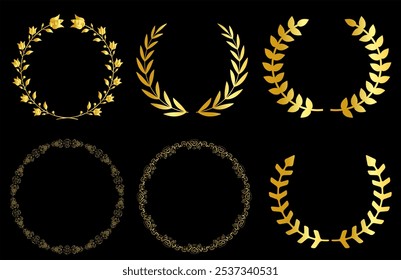 Gold laurel wreath winner award set vector illustration. Golden branch of olive leaves or stars of victory symbol, emblem decoration design, triumph honour champion prize isolated on black background.