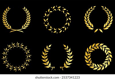 Gold laurel wreath, winner award set vector illustration. Golden branch of olive leaves or stars of victory symbol, insignia emblem decoration design, triumph honour champion prize isolated on Black