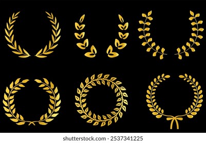 Gold laurel wreath, winner award set vector illustration. Golden branch of olive leaves or stars of victory symbol, insignia emblem decoration design, triumph honour champion prize isolated on Black