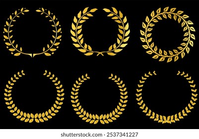 Gold laurel wreath, winner award set vector illustration. Golden branch of olive leaves or stars of victory symbol, insignia emblem decoration design, triumph honour champion prize isolated on Black