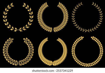 Gold laurel wreath, winner award set vector illustration. Golden branch of olive leaves or stars of victory symbol, insignia emblem decoration design, triumph honour champion prize isolated on Black