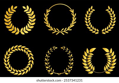 Gold laurel wreath, winner award set vector illustration. Golden branch of olive leaves or stars of victory symbol, insignia emblem decoration design, triumph honour champion prize isolated on Black