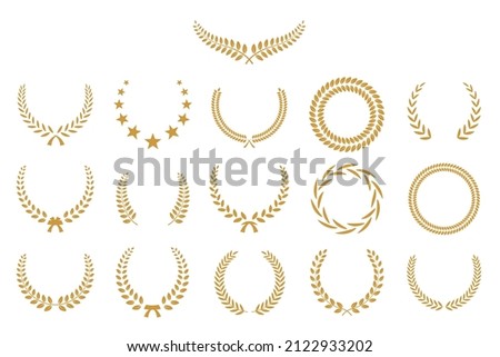 Gold laurel wreath, winner award set vector illustration. Golden branch of olive leaves or stars of victory symbol, insignia emblem decoration design, triumph honor champion prize isolated on white