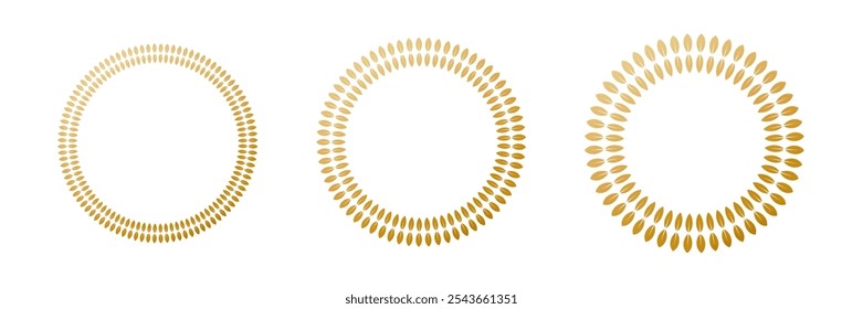 Gold laurel wreath. Winner medal award set vector illustration. Golden branch of olive leaves of victory symbol, insignia emblem decoration, triumph honor champion prize isolated on transparent.