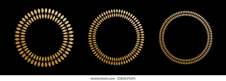 Gold laurel wreath. Winner medal award set vector illustration. Golden branch of olive leaves of victory symbol, insignia emblem decoration design, triumph honor champion prize isolated on black.