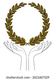 Gold laurel wreath. Woman holding gold laurel wreath isolated on white. Winner sign and banner. Vector illustration 