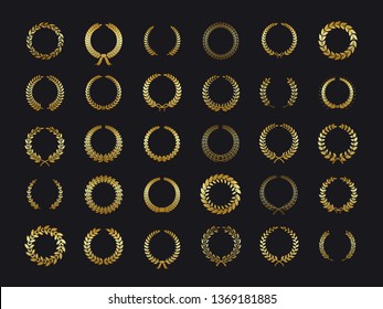 Gold laurels wreaths. Golden laurel foliate wheat olive oak wreath laurel leaves winner award heraldry sticker old movie vector black background