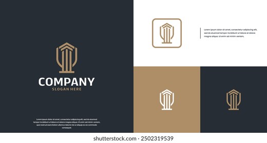 Gold law firm logo, justice symbol with pillar icon, vector design template.