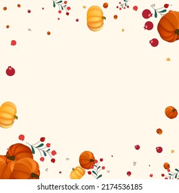 Gold Leaf Background Beige Vector. Vegetable Collection. Green Halloween Texture. Season Border. Red Rowan Autumn Illustration.