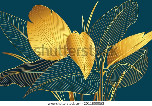 gold leaf background can be for luxury gold art deco Wallpaper. Nature background vector. Leaf pattern with green emerald color plant.