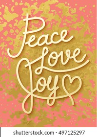 Gold leaf boho chic style christmas greeting card with wishes of peace, love and joy, shiny glitter splash and custom golden lettering
