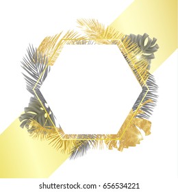 Gold leaf hexagon frame of colorful tropical leaves on white background. Greeting cards, wallpapers, flyers and banners jungle concept. Colorful realistic style. Vector illustration. EPS 10.