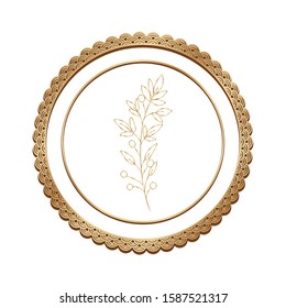 Gold leaf inside seal stamp design, Plant floral garden nature decoration ornament and season theme Vector illustration