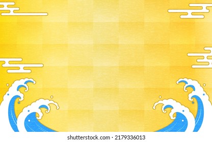 Gold Leaf Japanese Background with Big Waves and Ekasumi