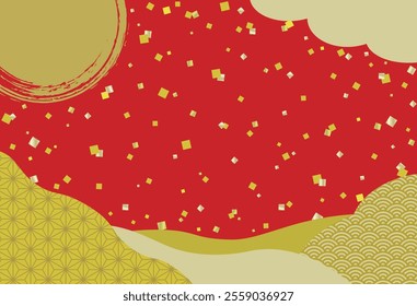 Gold leaf, Japanese pattern and gold cloud-shaped frame on a red background