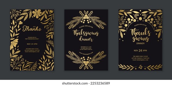 Gold leaf posters set. Collection of graphic elements for website. Wealth and luxury, minimalist creativity and art, thanksgiving. Cartoon flat vector illustrations isolated on dark background