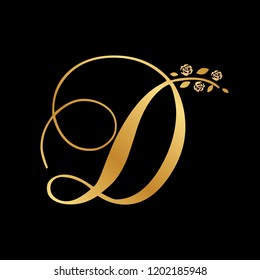 gold leaf and roses, calligraphic letter d
