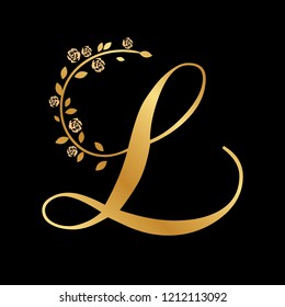 gold leaf and roses, calligraphic letter L