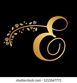 gold leaf and roses, calligraphic letter E
