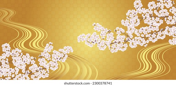 Gold leaf, running water and cherry blossoms Japanese style vector illustration background