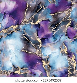 Gold leaf seamless marble pattern with blue and purple watercolor background. Abstract marble vector design. Beautiful backdrop for prints