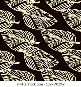 Gold leaf seamless pattern on black background. Tropical pattern, palm leaves seamless floral background. Vector illustration