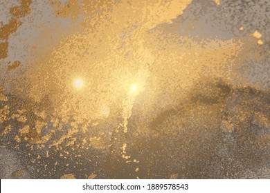 Gold leaf texture with glowing lights. Alcohol ink technique abstract vector background. Modern paint with glitter. Template for banner, poster design. Fluid art painting