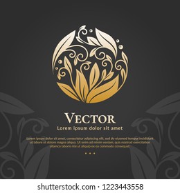 Gold leaf vecor emblem. Elegant, classic elements. Can be used for jewelry, beauty and fashion industry. Great for logo, monogram, invitation, flyer, menu, brochure, background, or any desired idea.