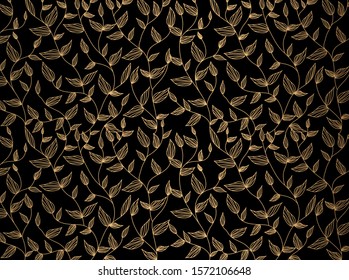 Gold leaf vector pattern.   Gold floral pattern on black background.  Abstract seamless floral pattern. 