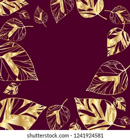 gold leaf vignette drawn by hand, on a dark burgundy background or marsala color, design of the cover, labels, packaging, etc., vignette to decorate the invitation, vector eps 10