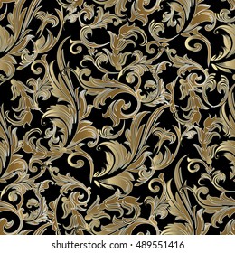 Gold leafy Baroque style seamless pattern. Ornamental gold leaves vector background. Vintage luxury royal ornaments in antique Baroque Victorian style. Modern repeat ornate backdrop. Endless texture.